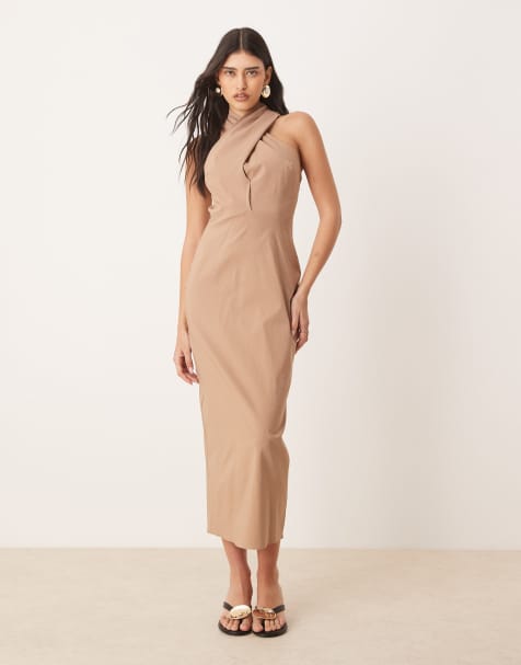 ASOS DESIGN cross neck midi column dress in stone - view 1
