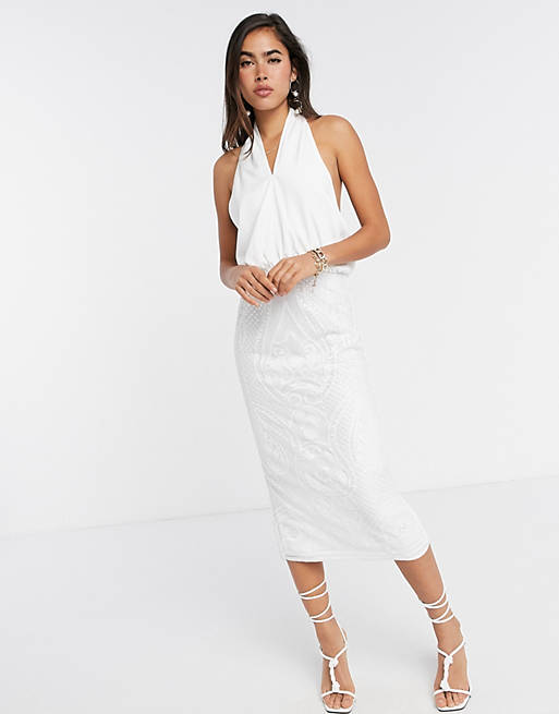 ASOS DESIGN cross neck pencil midi dress with embroidered sequin skirt