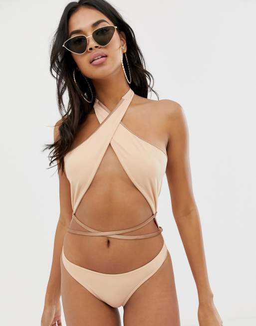 ASOS DESIGN cross neck strappy high leg swimsuit in light mink ASOS