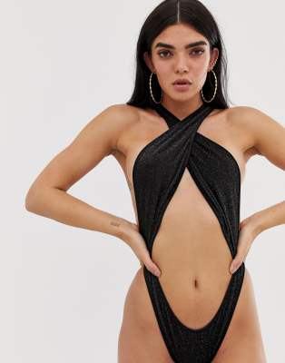 ASOS DESIGN cross neck swimsuit in black glitter