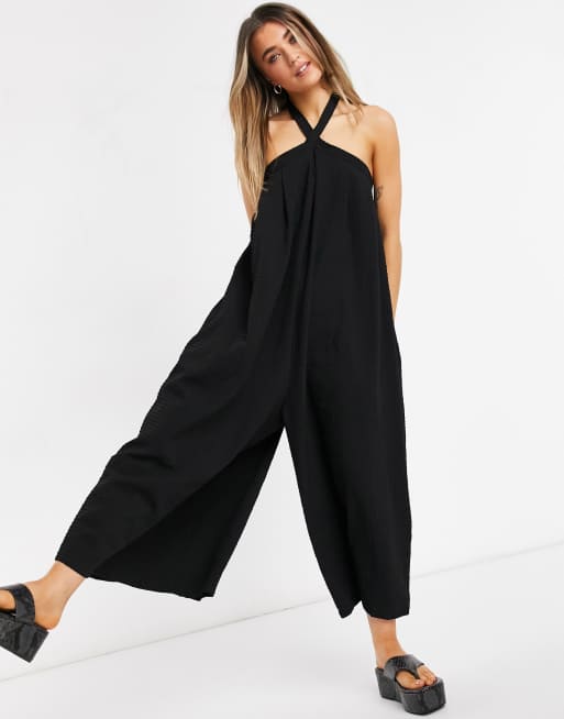 ASOS DESIGN cross neck textured swing smock jumpsuit in black