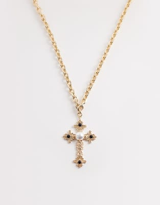 Asos Design Cross Necklace In Gray