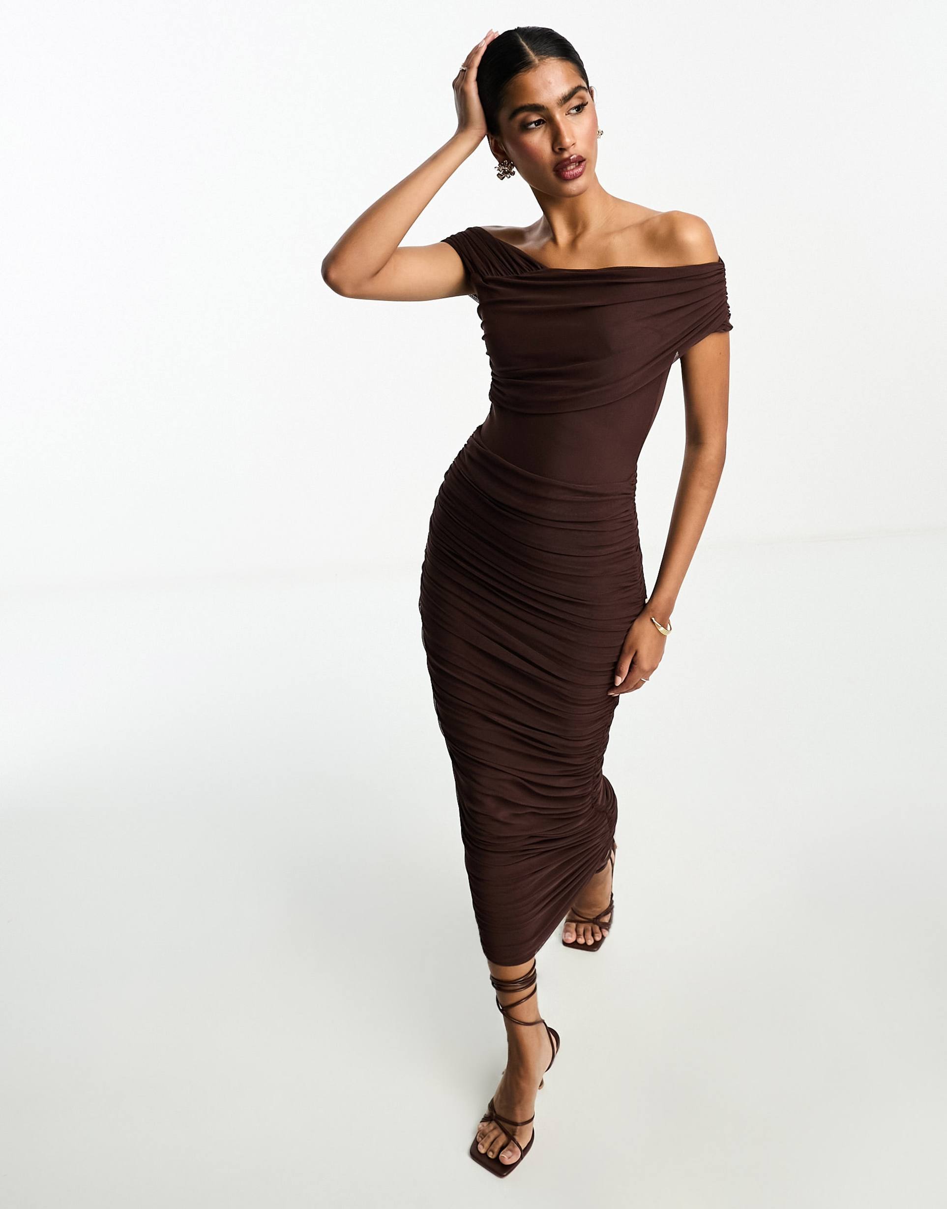 asos design cross over bardot midi dress with ruched skirt in chocolate