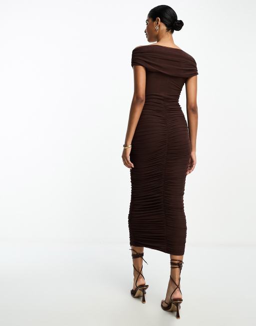 ASOS DESIGN cross over bardot midi dress with ruched skirt in chocolate