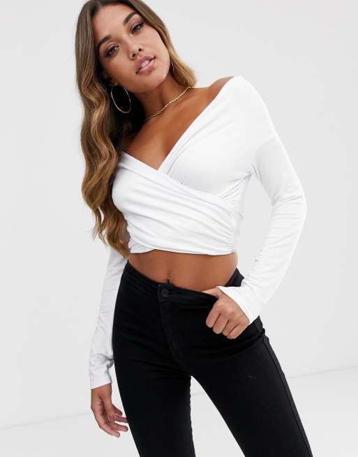 ASOS DESIGN cross over bardot top with long sleeve