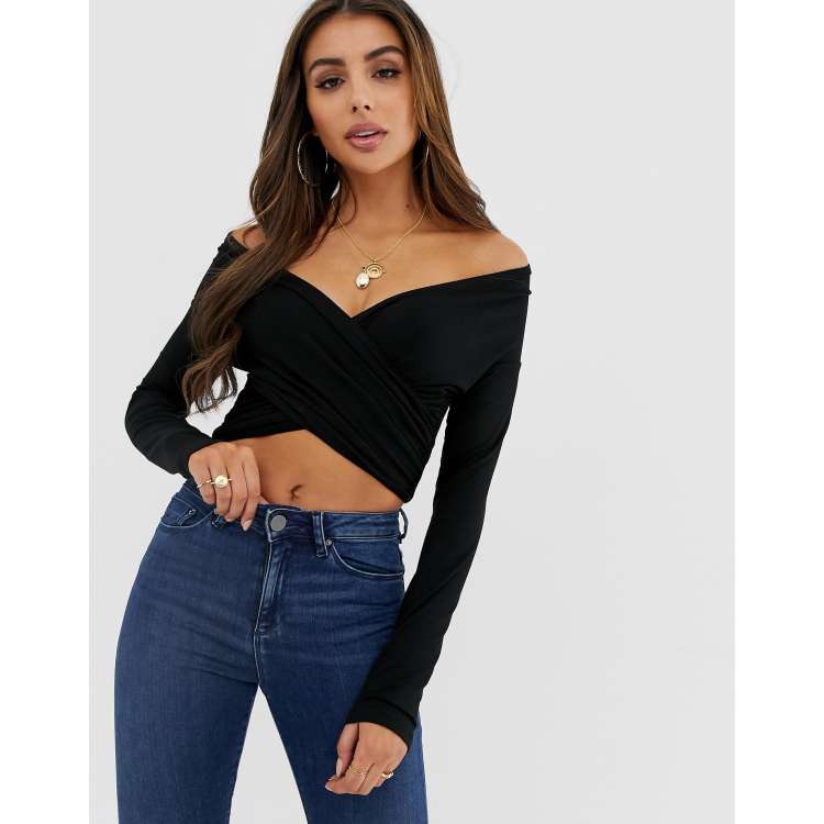 Black long sleeve bardot top sale uk