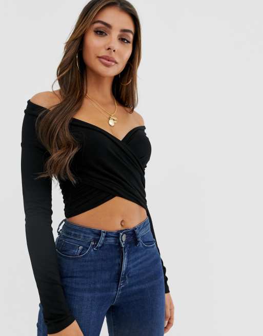 ASOS DESIGN cross over bardot top with long sleeve