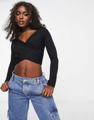 Asos Design Cross Over Bardot Top With Long Sleeve-black