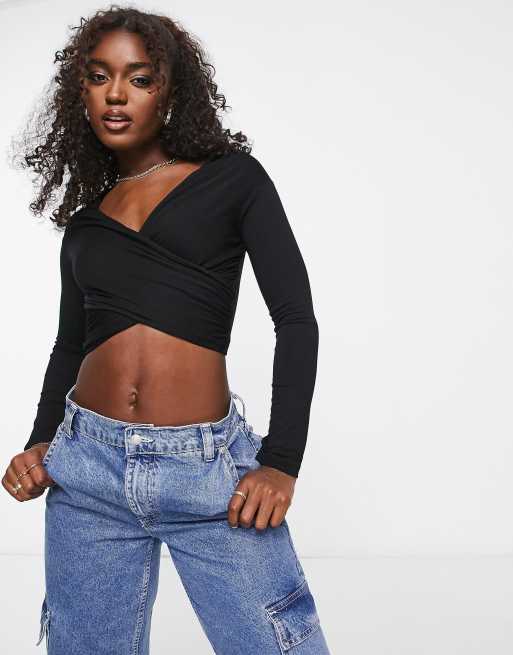 Black bardot crop top long sale sleeve