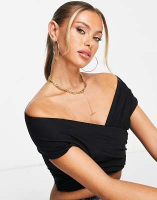 ASOS DESIGN cross over bardot top with short sleeve in black