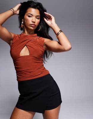 Asos Design Cross Over Cap Sleeve Cut Out Top In Orange