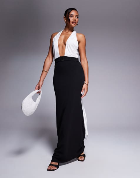 ASOS DESIGN cross over halter neck with drape detail maxi dress in black and white - view 1