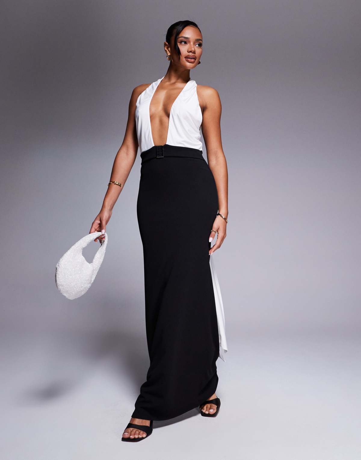 ASOS DESIGN cross over halter neck with drape detail maxi dress in black and white