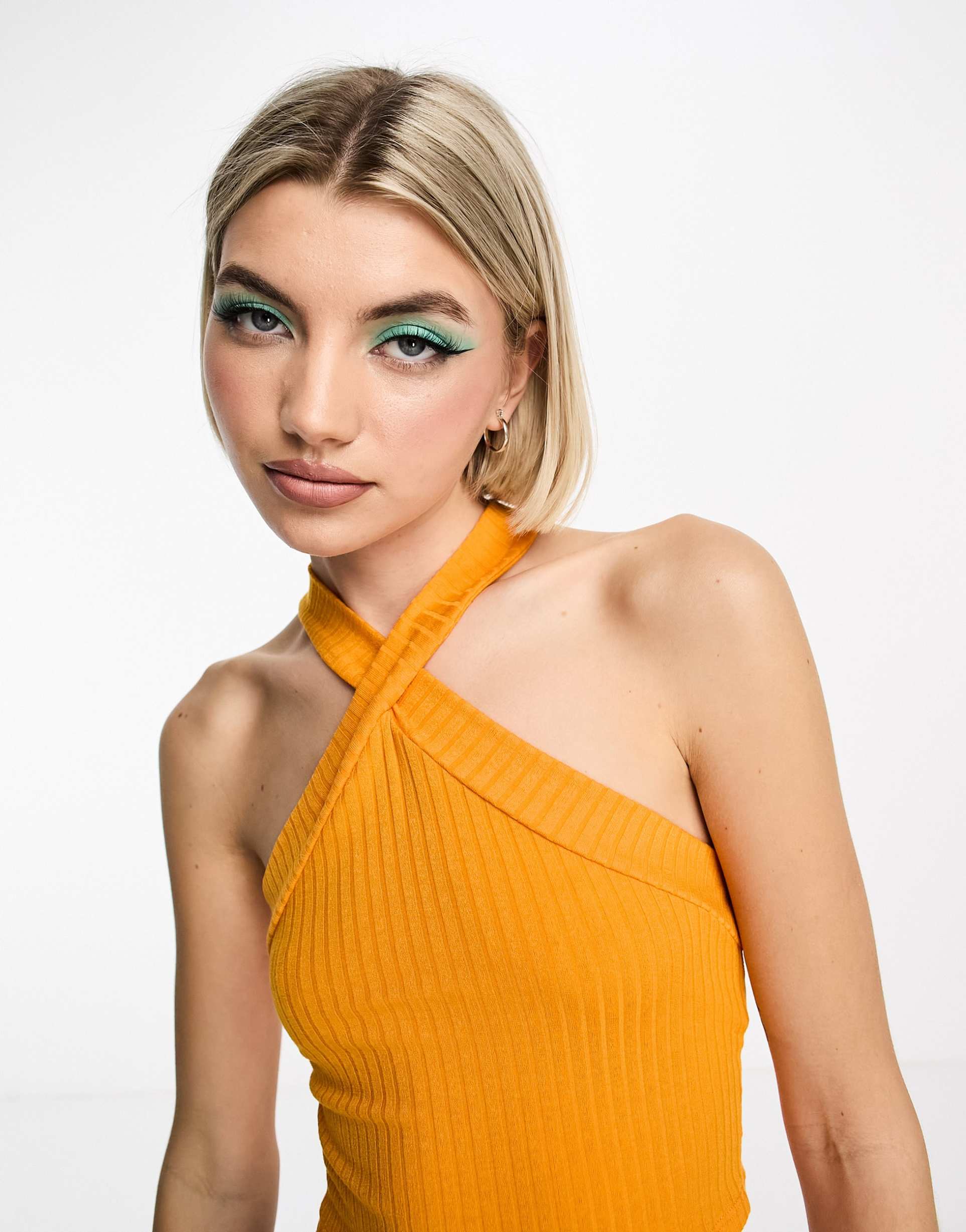 asos design cross over halter ribbed crop top in orange