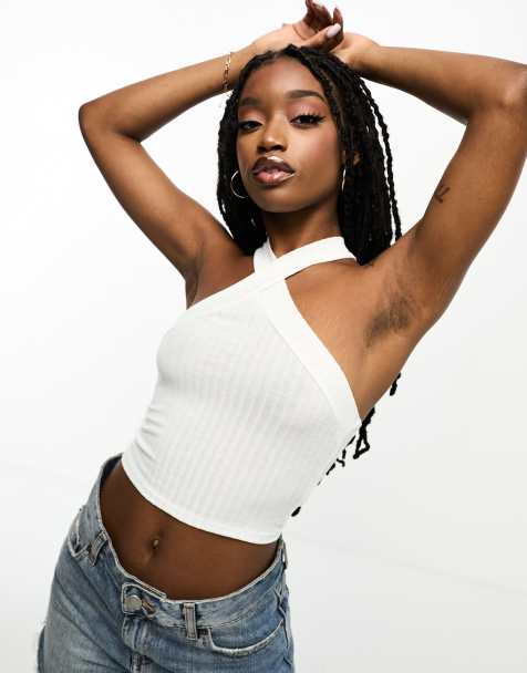 White Colour Block Halter Neck Top, Cropped Tops