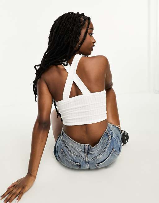 ASOS Design Cross Over Halter Ribbed Crop Top in White