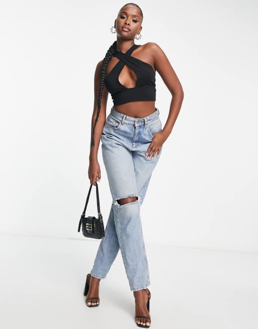 ASOS DESIGN cross over keyhole halter top in black - ShopStyle