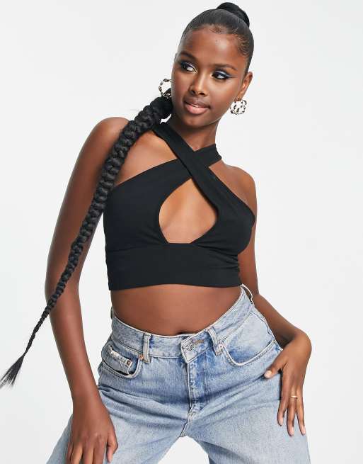 ASOS DESIGN double layer mesh crop top in black