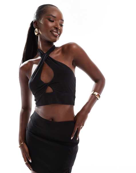 ASOS DESIGN cross over keyhole halter top in black - view 1