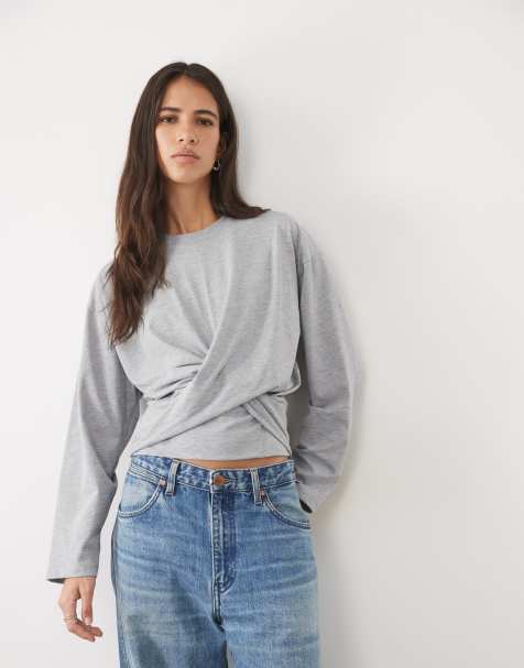 ASOS DESIGN Cross over long sleeve t-shirt in grey marl - view 1
