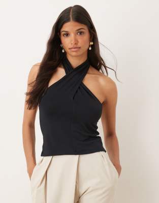 Asos Design Cross Over Neck Button Up Halter Top In Black