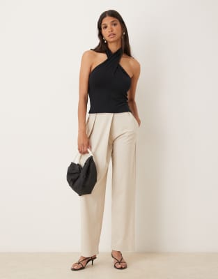 Asos Design Cross Over Neck Button Up Halter Top In Black