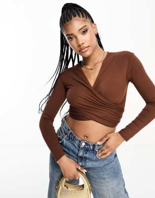 Asos Design Cross Over Off Shoulder Bardot Top With Long Sleeve In Chocolate-brown