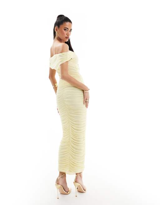 ASOS DESIGN cross over off the shoulder midi dress with ruched skirt in lemon