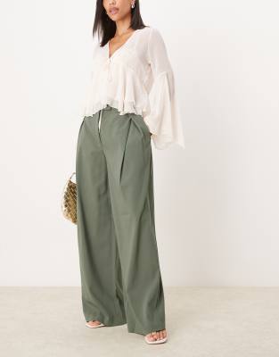 Asos Design Cross Over Pleat Pants In Khaki-green
