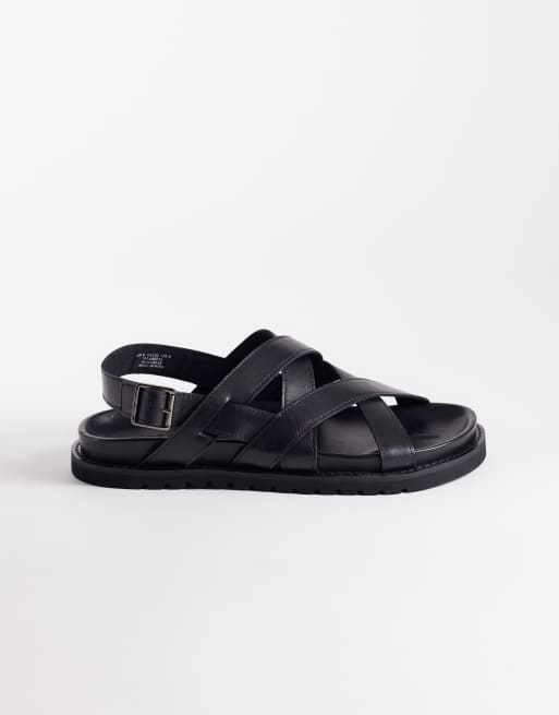 ASOS DESIGN cross over strap sandal with buckle in black leather, 2 of 4