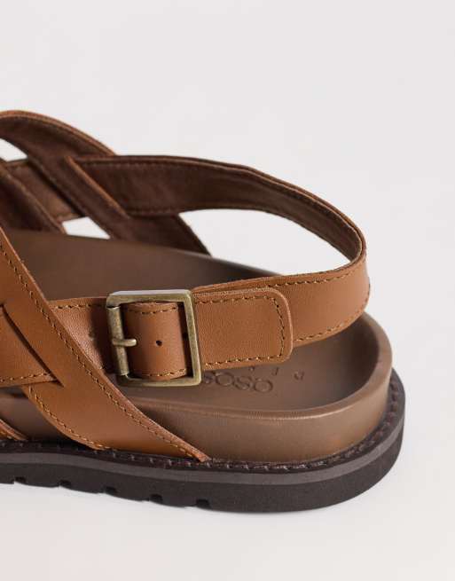 ASOS DESIGN cross over strap sandal with buckle in tan leather, 3 of 4