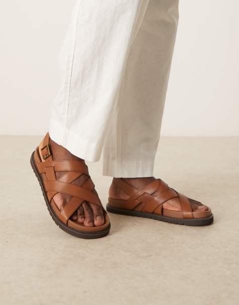 ASOS DESIGN cross over strap sandals in tan leather - view 1