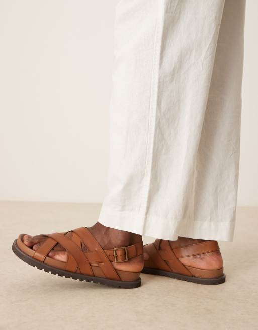 ASOS DESIGN cross over strap sandals in tan leather | ASOS