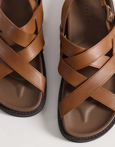 ASOS DESIGN cross over strap sandals with buckle in tan leather - view 1