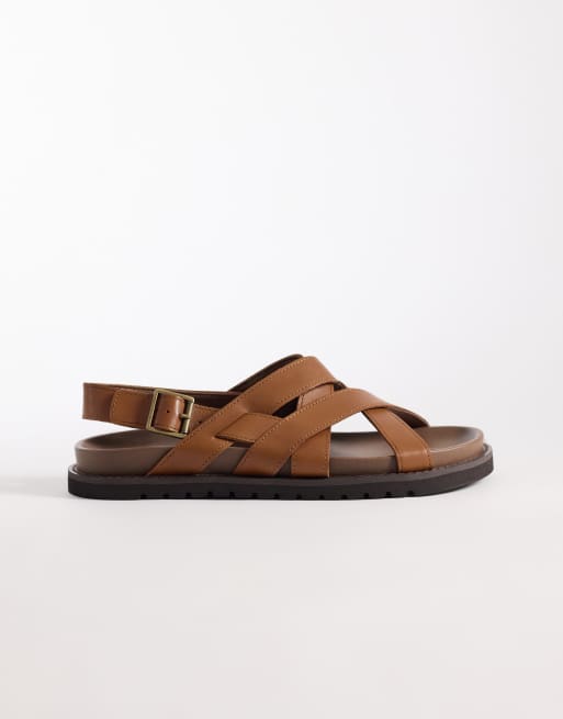 ASOS DESIGN cross over strap sandals with buckle in tan leather, 2 of 4