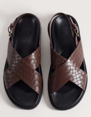  cross over strap sandals with embossed weave in brown