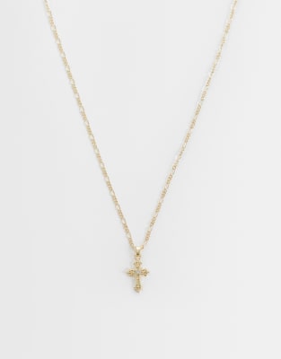 Asos Design Rose Center Cross Pendant Necklace With Crystals In Gold