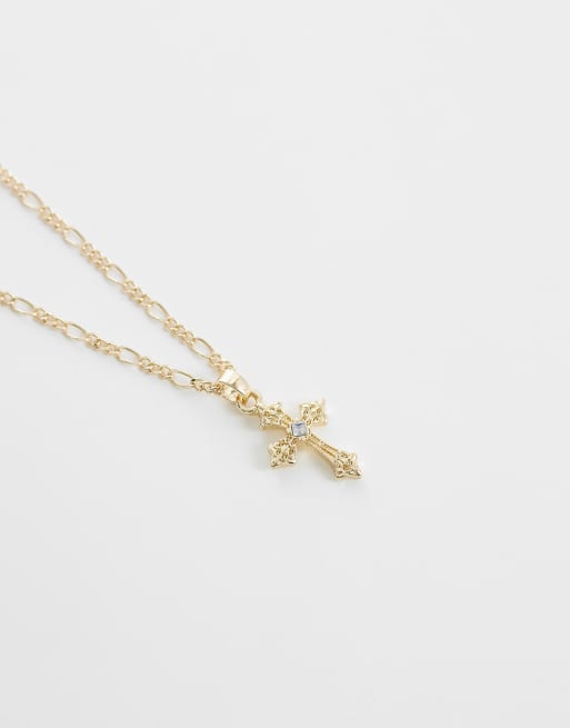 ASOS DESIGN cross pendant necklace with crystal detail in gold, 4 of 4