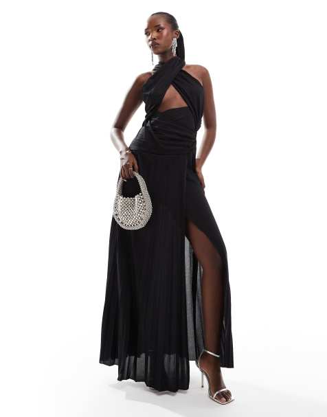 ASOS DESIGN cross strap halter pleated midi dress in black - view 1