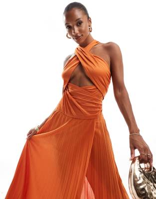 cross strap halter pleated midi dress in burnt orange-No color