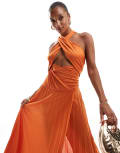 [ASOS DESIGN] ASOS DESIGN cross strap halter pleated midi dress in burnt orange-No colour 16 Orange