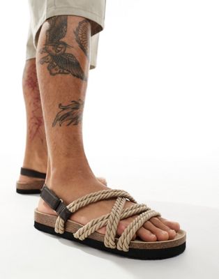  cross strap rope sandals in stone and brown mix - STONE