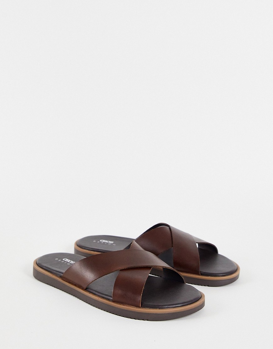 ASOS DESIGN cross strap sandal in brown leather