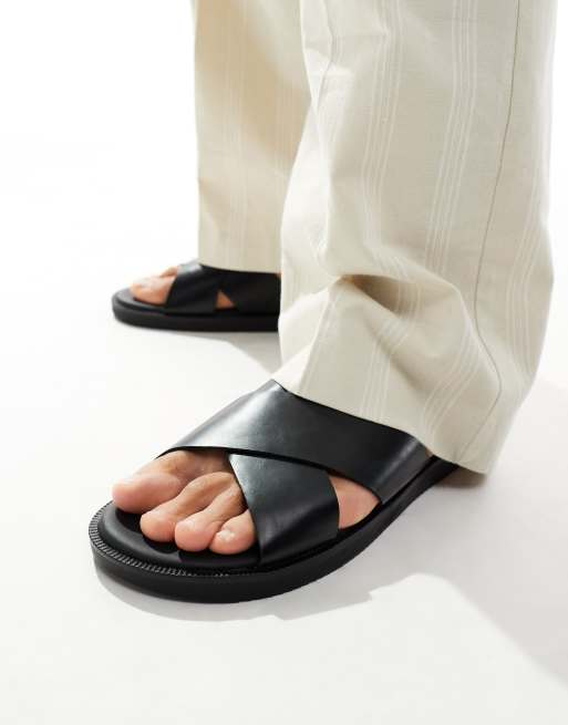 ASOS DESIGN cross strap sandals in black faux leather | ASOS