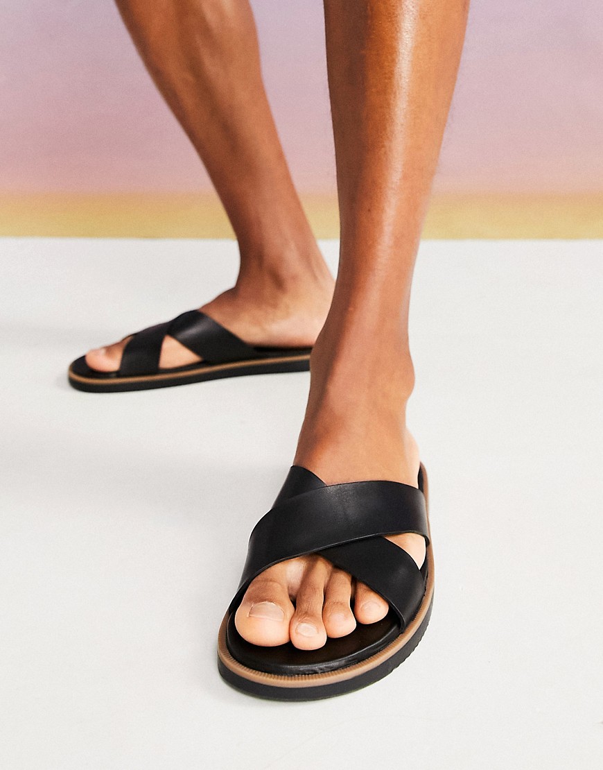 Asos Design Cross Strap Sandals In Black Leather