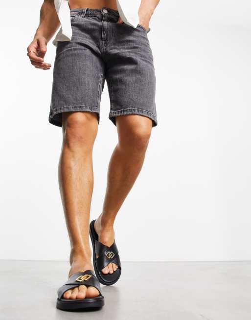 ASOS DESIGN cross strap sandals in black saffiano leather with badge | ASOS