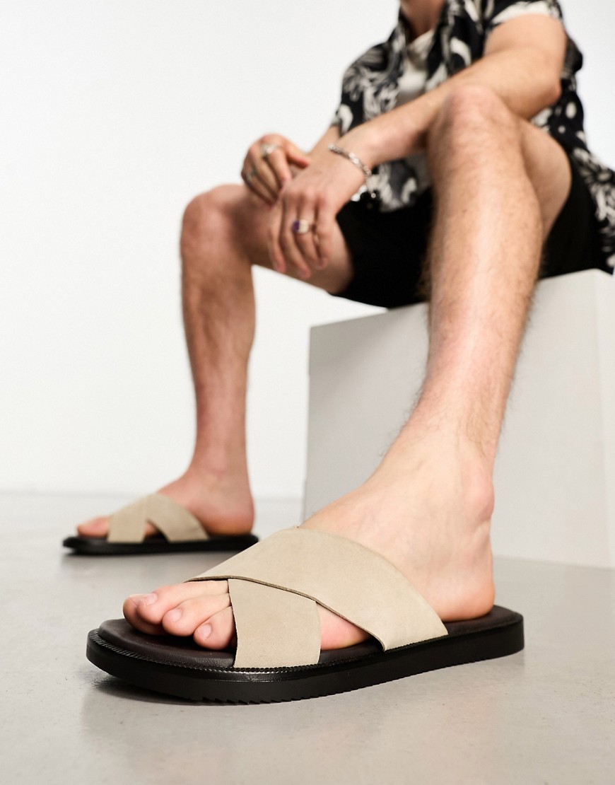 ASOS DESIGN cross strap sandals in stone suede-Neutral