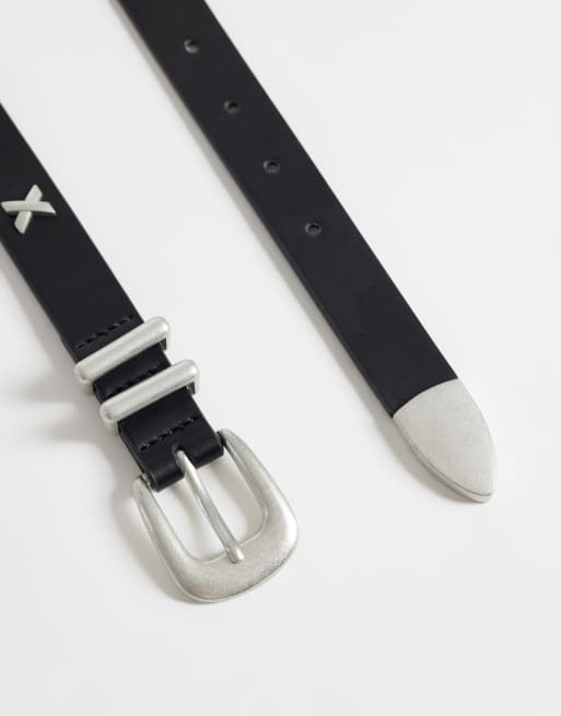 ASOS DESIGN cross studded faux leather western belt in black, 3 of 3