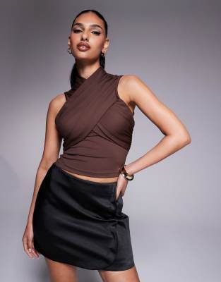 Asos Design Cross Wrap Polyamide Top In White