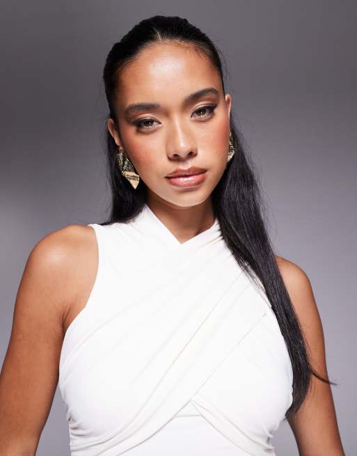 ASOS DESIGN cross wrap polyamide top in cream